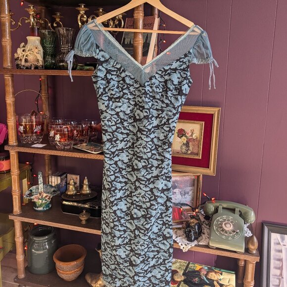 Vintage Y2K Betsey Johnson Dress Blue Floral Sheer Neckline Sleeves XS Small - Picture 1 of 7
